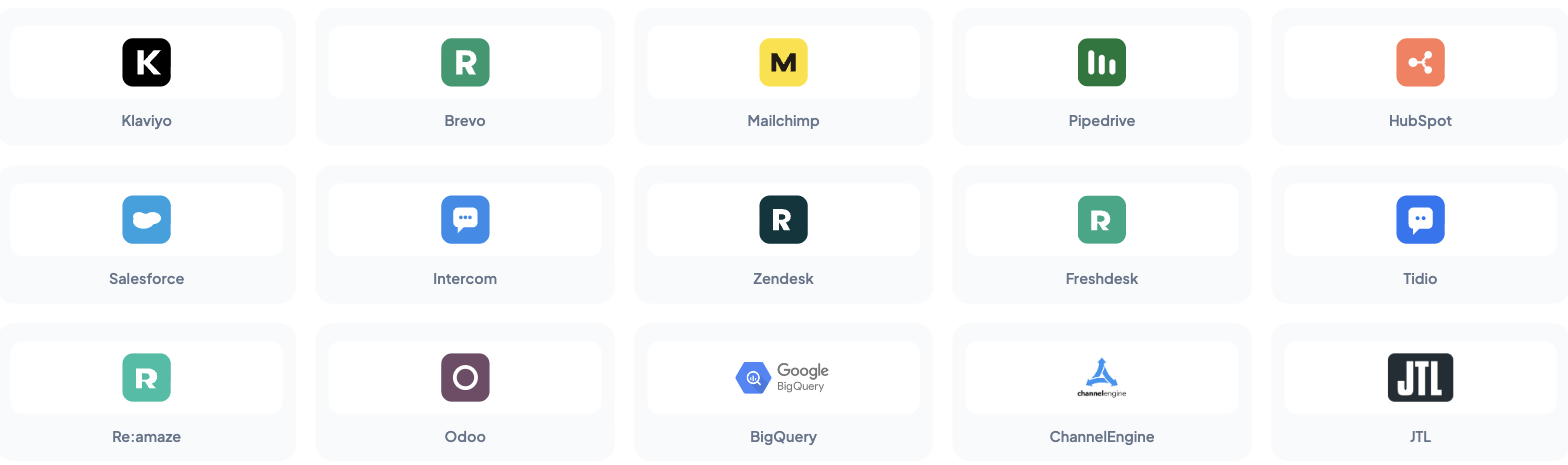 The 17 new integrations in FiveX: Klaviyo, Brevo, Mailchimp, Pipedrive, HubSpot, Salesforce, Intercom, Zendesk, Freshdesk, Tidio, Reamaze and Odoo
