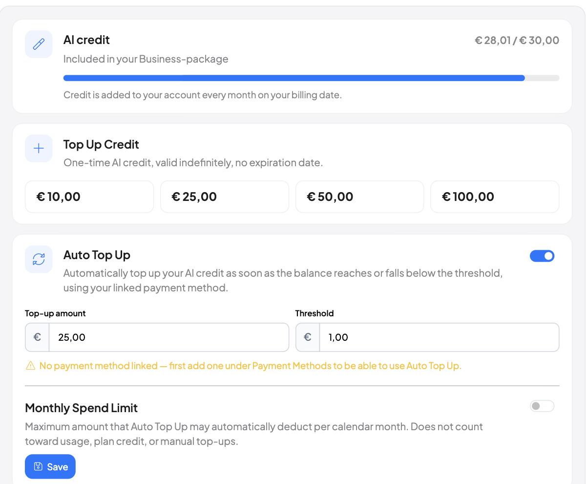 AI credit balance in euros with Top Up Credit, Auto Top Up and Monthly Spend Limit on the FiveX subscription page